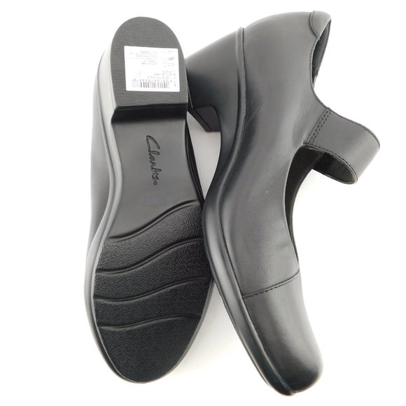 Unworn CLARKS Cushion Black Leather Mary Jane Block Heel Pumps  9.5 / 41 - Picture 7 of 9